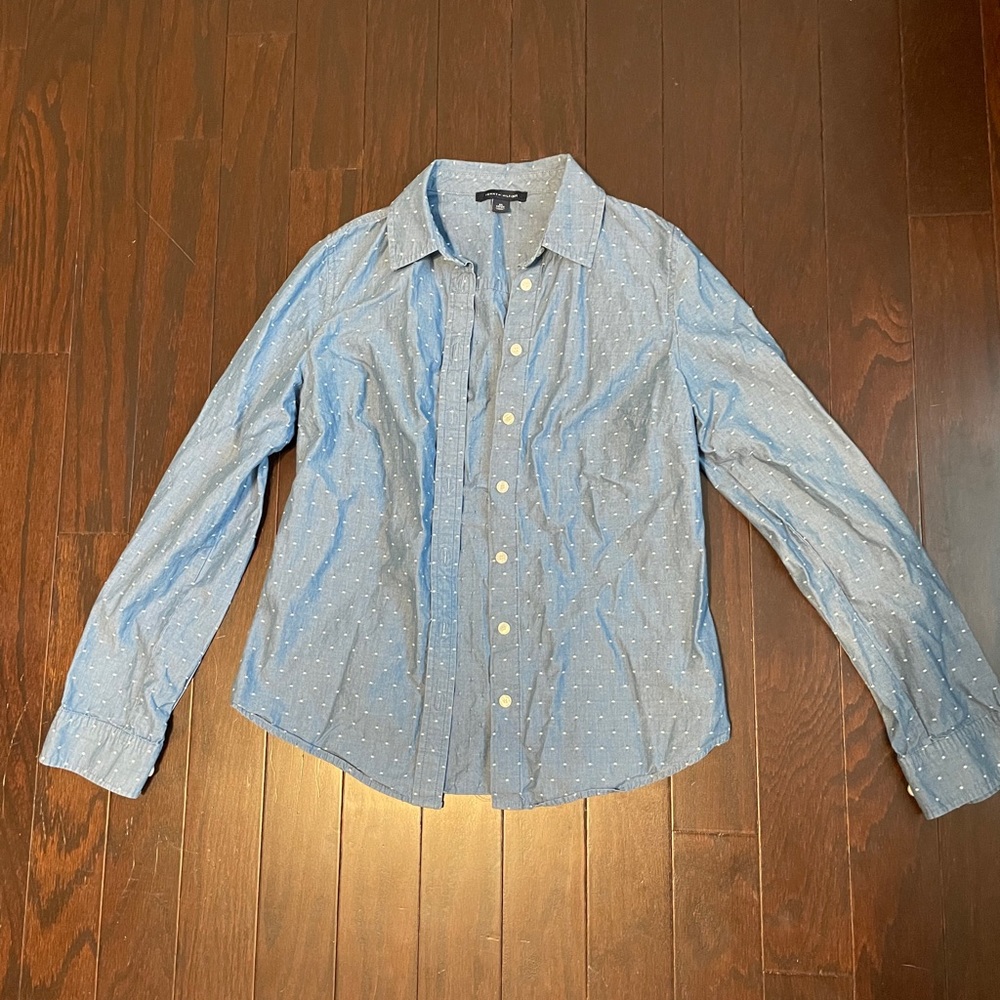 Blue button down w/ white polka dots